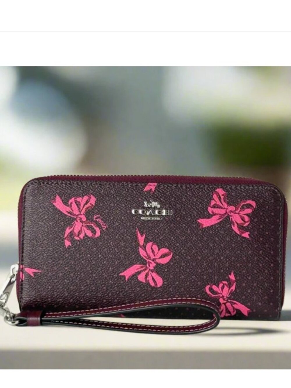 Coach Pink Bow Zip Around Wallet Merlot Canvas Phone Wristlet CZ327